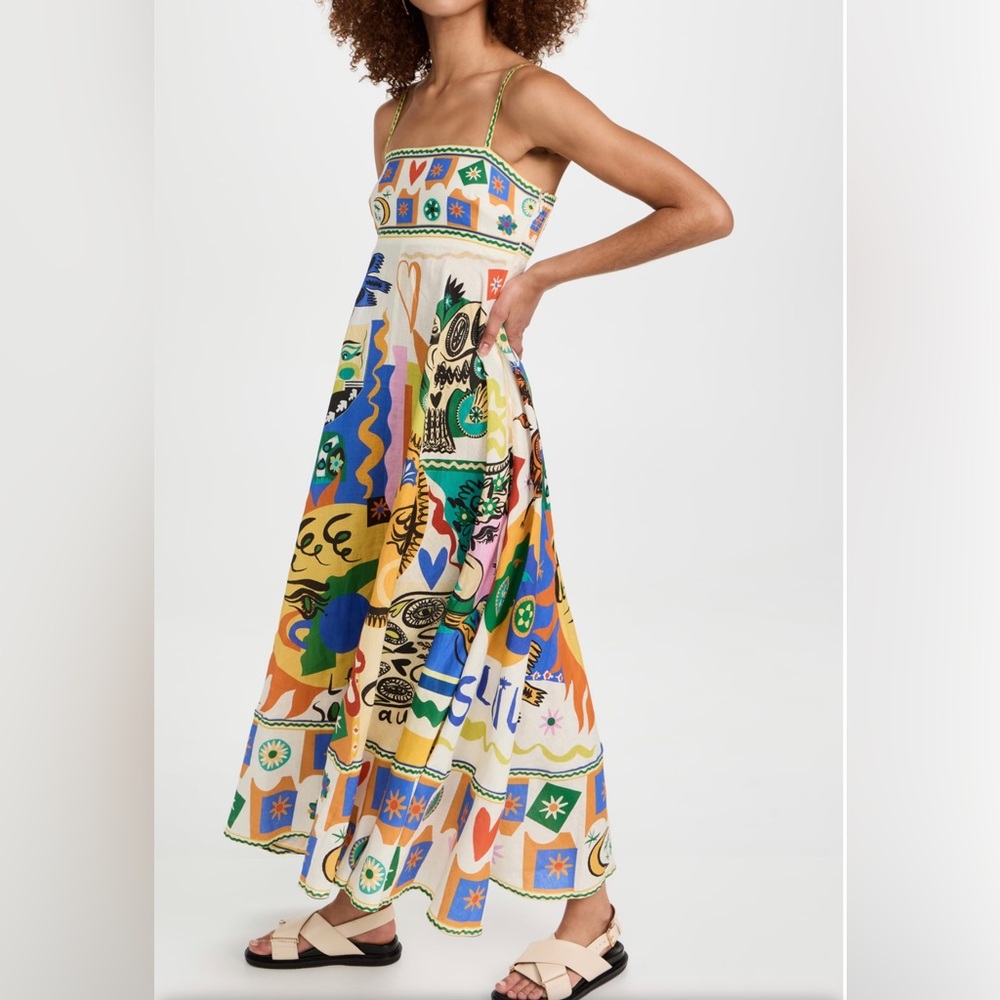 Soleil Full Skirt LINEN Sundress, Mixed Media Luxury Print - Picture 3 of 12